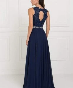 Elizabeth K - GL2417 Illusion Jewel Embellished Lace A-Line Gown