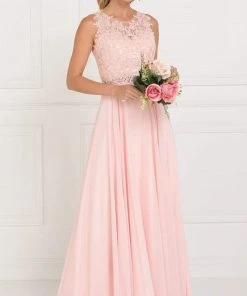 Elizabeth K - GL2417 Illusion Jewel Embellished Lace A-Line Gown