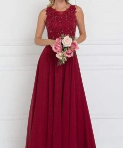 Elizabeth K - GL2417 Illusion Jewel Embellished Lace A-Line Gown