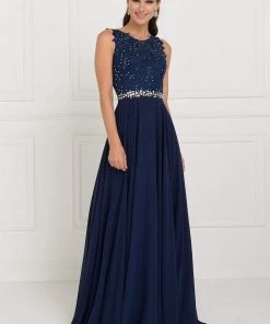 Elizabeth K - GL2417 Illusion Jewel Embellished Lace A-Line Gown