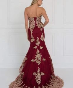 Elizabeth K - GL2428 Strapless Bejeweled Lace Bodice Trumpet Gown