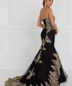 Elizabeth K - GL2428 Strapless Bejeweled Lace Bodice Trumpet Gown