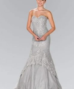 Elizabeth K - GL2428 Strapless Bejeweled Lace Bodice Trumpet Gown