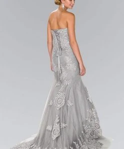 Elizabeth K - GL2428 Strapless Bejeweled Lace Bodice Trumpet Gown