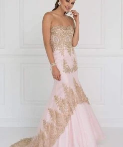 Elizabeth K - GL2428 Strapless Bejeweled Lace Bodice Trumpet Gown