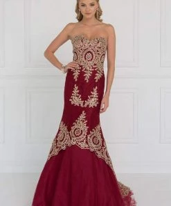 Elizabeth K - GL2428 Strapless Bejeweled Lace Bodice Trumpet Gown