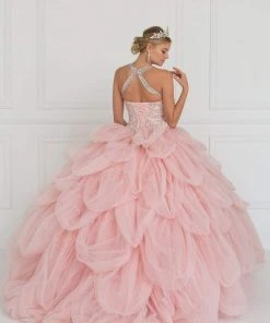Elizabeth K - GL2430 Illusion High Halter Cascading Petal Tulle Ballgown