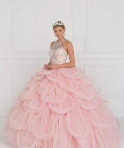 Elizabeth K - GL2430 Illusion High Halter Cascading Petal Tulle Ballgown