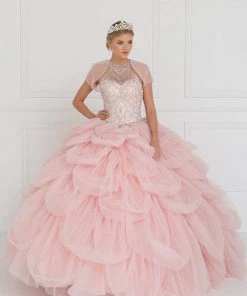 Elizabeth K - GL2430 Illusion High Halter Cascading Petal Tulle Ballgown
