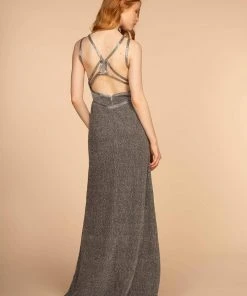 Elizabeth K - GL2503 Embellished Deep V-neck Sheath Dress 19 Elizabeth K - GL2503 Embellished Deep V-neck Sheath Dress