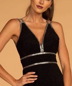 Elizabeth K - GL2503 Embellished Deep V-neck Sheath Dress 16 Elizabeth K - GL2503 Embellished Deep V-neck Sheath Dress