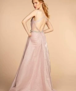Elizabeth K - GL2504 Pleated Plunging Bodice Glitter Long Gown