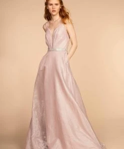 Elizabeth K - GL2504 Pleated Plunging Bodice Glitter Long Gown