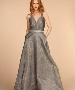 Elizabeth K - GL2504 Pleated Plunging Bodice Glitter Long Gown