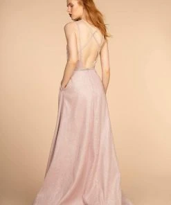 Elizabeth K - GL2506 Deep V-neck Glitter Crepe A-line Dress 9 Elizabeth K - GL2506 Deep V-neck Glitter Crepe A-line Dress