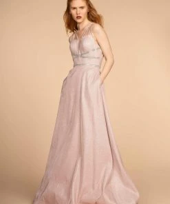 Elizabeth K - GL2506 Deep V-neck Glitter Crepe A-line Dress