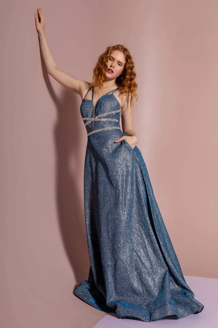 Elizabeth K - GL2506 Deep V-neck Glitter Crepe A-line Dress 7 Elizabeth K - GL2506 Deep V-neck Glitter Crepe A-line Dress