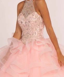 Elizabeth K - GL2512 Ornate Illusion High Halter Ruffled Ballgown 8 Elizabeth K - GL2512 Ornate Illusion High Halter Ruffled Ballgown