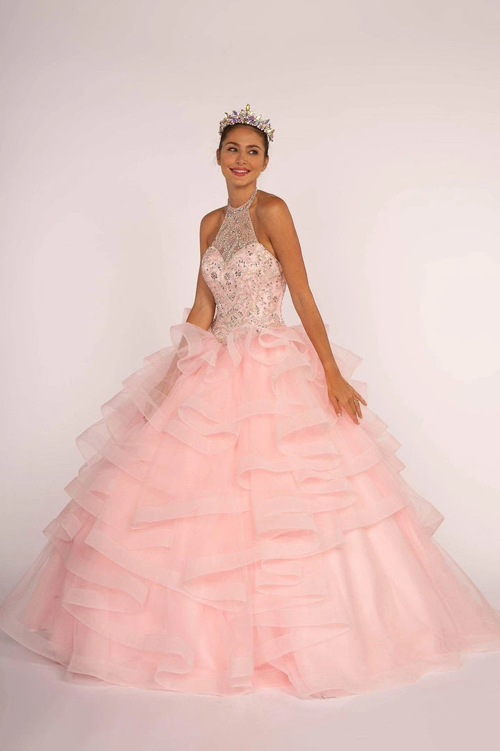 Elizabeth K - GL2512 Ornate Illusion High Halter Ruffled Ballgown 3 Elizabeth K - GL2512 Ornate Illusion High Halter Ruffled Ballgown