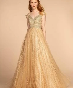 Elizabeth K - GL2526 Cap Sleeve Jewel Adorned Bodice A-Line Gown