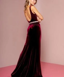 Elizabeth K - GL2559 Low Scoop Back Sleeveless V-Neck Velvet Gown