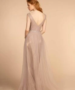 Elizabeth K - GL2560 Cap Sleeve Ruched Mesh Long Gown