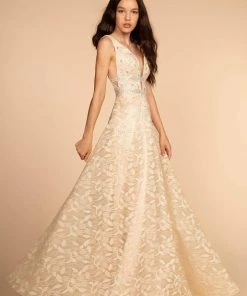 Elizabeth K - GL2580 Jewel-Studded Plunging V-Neck Long Gown