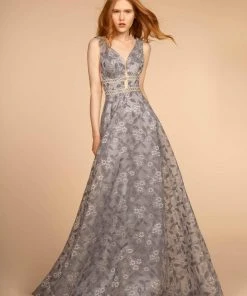 Elizabeth K - GL2580 Jewel-Studded Plunging V-Neck Long Gown