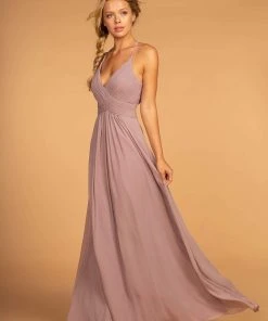 Elizabeth K - GL2609 Plunging V-Neck Pleated Bodice A-Line Gown