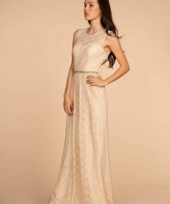 Elizabeth K - GL2611 Floral Lace Jewel A-Line Evening Gown