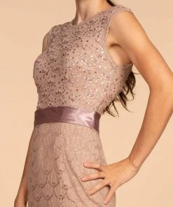Elizabeth K - GL2613 Sequined Lace Jewel Neck Trumpet Dress 8 Elizabeth K - GL2613 Sequined Lace Jewel Neck Trumpet Dress