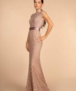 Elizabeth K - GL2613 Sequined Lace Jewel Neck Trumpet Dress