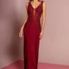 Elizabeth K - GL2614 Lace Deep V-neck Jersey Sheath Dress