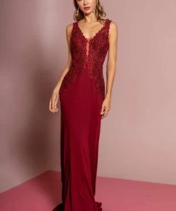 Elizabeth K - GL2614 Lace Deep V-neck Jersey Sheath Dress