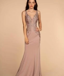 Elizabeth K - GL2614 Lace Deep V-neck Jersey Sheath Dress