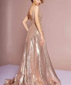 Elizabeth K - GL2652 Sequined Plunging V-Neck Gown