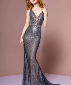 Elizabeth K - GL2678 Embellished Deep V-neck Mermaid Dress