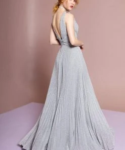 Elizabeth K - GL2687 Deep V-neck Pleated A-line Dress 25 Elizabeth K - GL2687 Deep V-neck Pleated A-line Dress