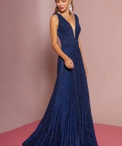 Elizabeth K - GL2687 Deep V-neck Pleated A-line Dress