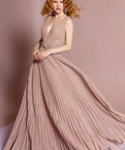 Elizabeth K - GL2687 Deep V-neck Pleated A-line Dress 20 Elizabeth K - GL2687 Deep V-neck Pleated A-line Dress