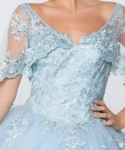 Elizabeth K - GL2800 Sheer Cape Sleeve Appliqued Glitter Ballgown