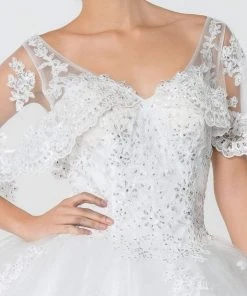 Elizabeth K - GL2800 Sheer Cape Sleeve Appliqued Glitter Ballgown