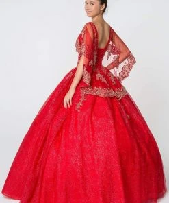 Elizabeth K - GL2800 Sheer Cape Sleeve Appliqued Glitter Ballgown