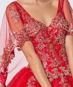 Elizabeth K - GL2800 Sheer Cape Sleeve Appliqued Glitter Ballgown