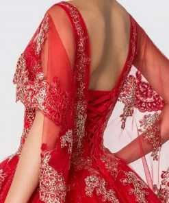 Elizabeth K - GL2800 Sheer Cape Sleeve Appliqued Glitter Ballgown