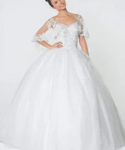 Elizabeth K - GL2800 Sheer Cape Sleeve Appliqued Glitter Ballgown