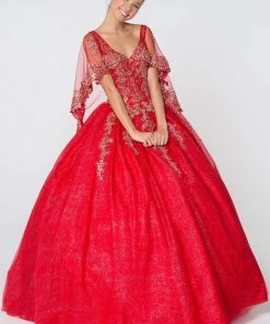 Elizabeth K - GL2800 Sheer Cape Sleeve Appliqued Glitter Ballgown