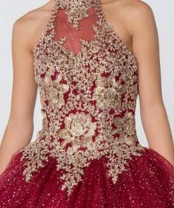 Elizabeth K - GL2805 Gilt Embroidered Halter Glitter Ballgown