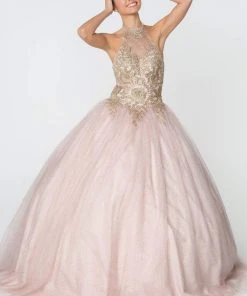 Elizabeth K - GL2805 Gilt Embroidered Halter Glitter Ballgown