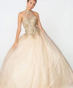 Elizabeth K - GL2805 Gilt Embroidered Halter Glitter Ballgown